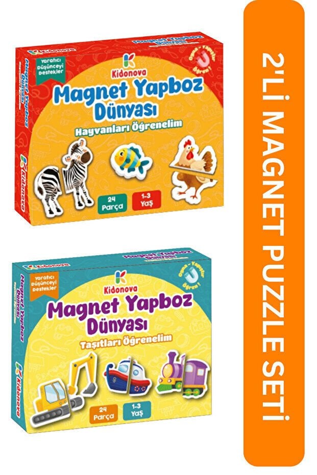 Kidonova: Magnet Puzzle Seti - Sevimli Hayvanlar + Taşıtları Tanıyalım Manyetik Çift Puzzle